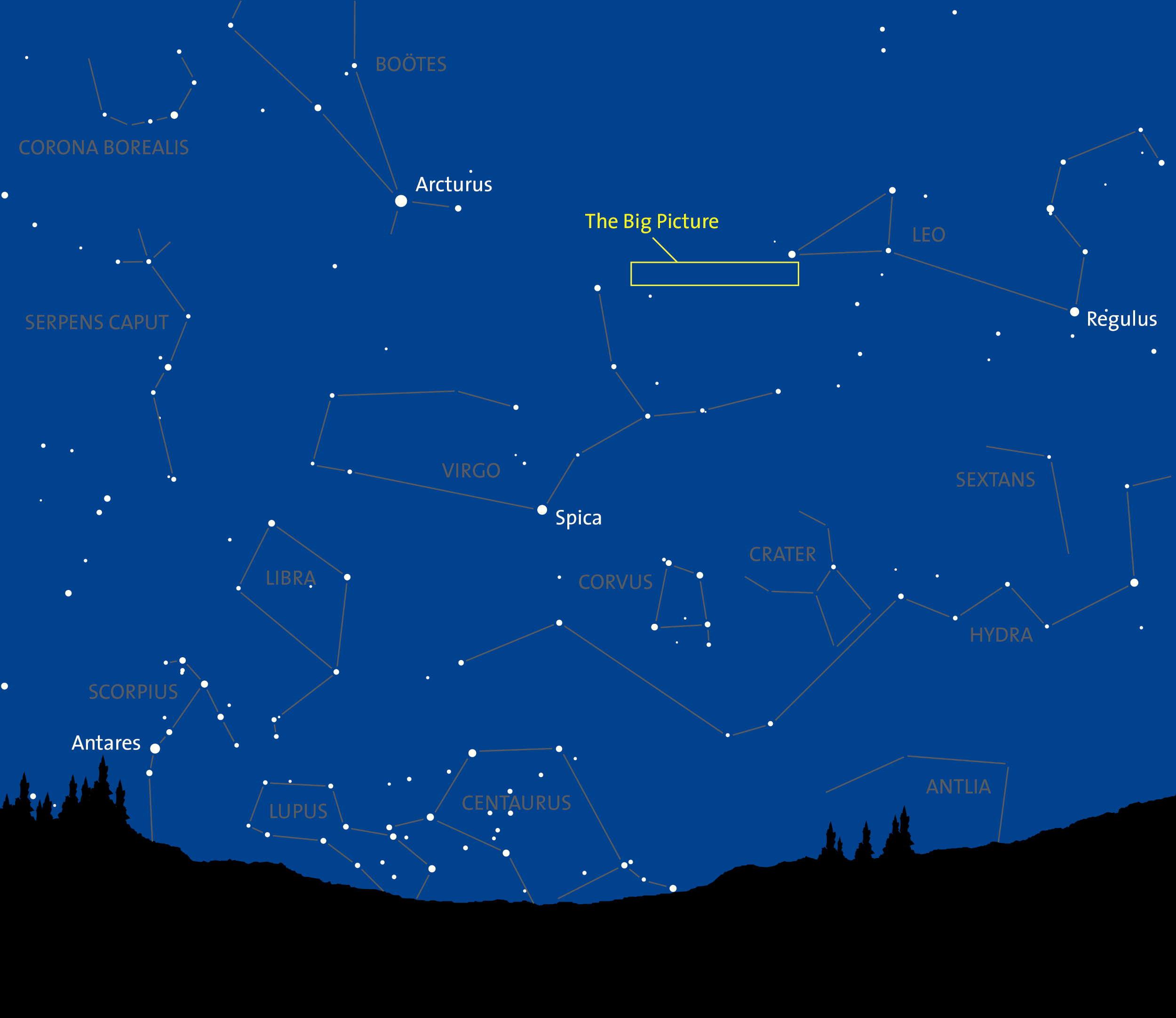 A digital drawing of a star field with constellations indicates the relatively small rectangle of sky that The Big Picture inhabits.