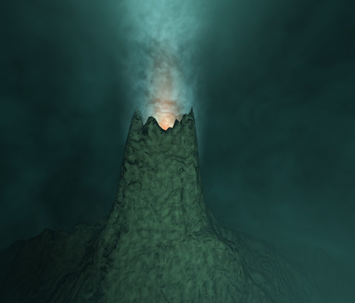 A 3D animated still of a hydrothermal vent at the bottom of the ocean.