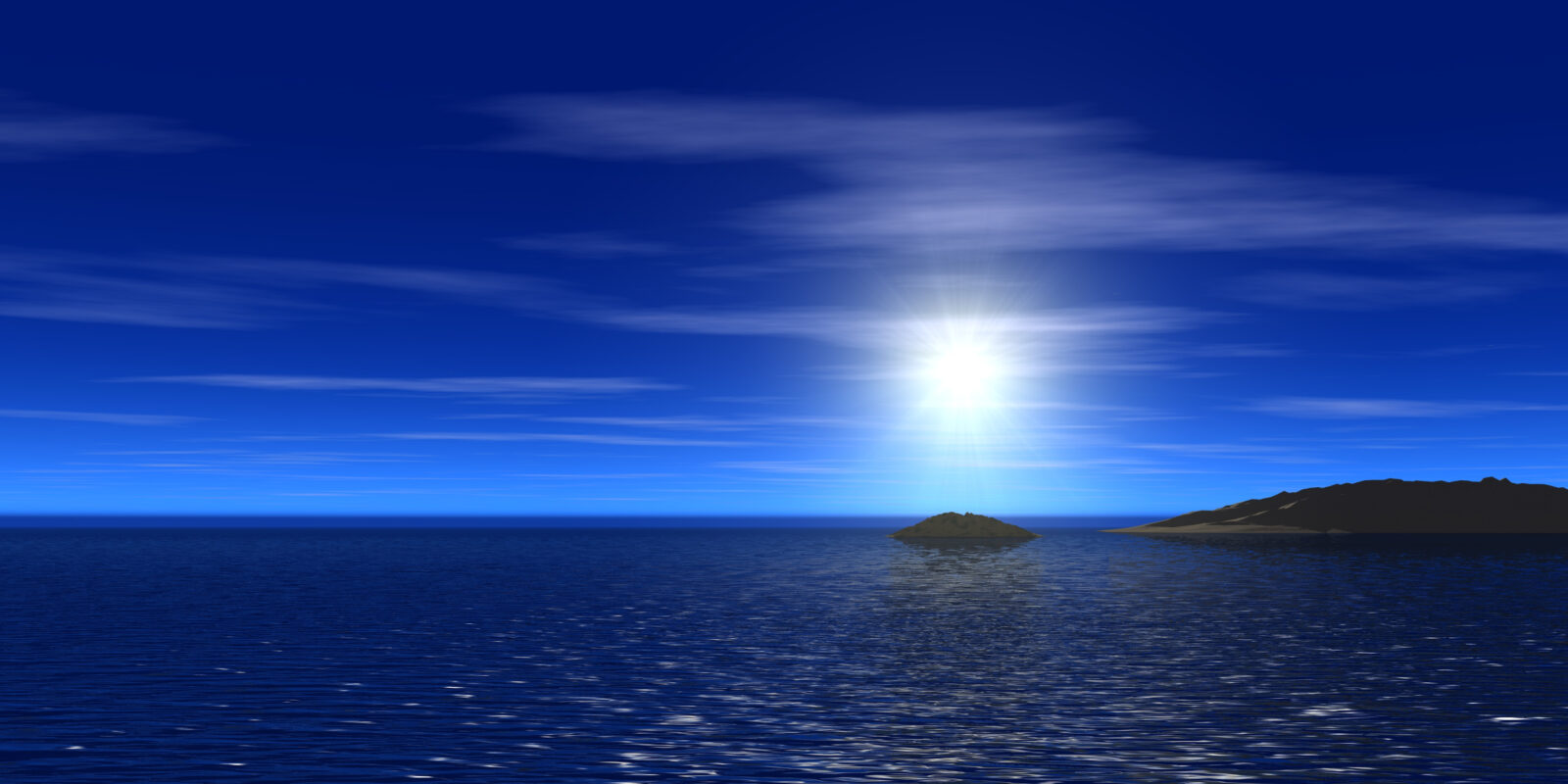 A 3D animated still of a blue ocean under a blue sky. A small island pokes just above the water.