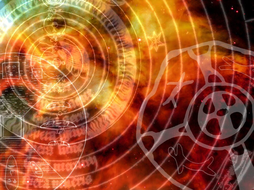 Cosmograms layered over a nebula.