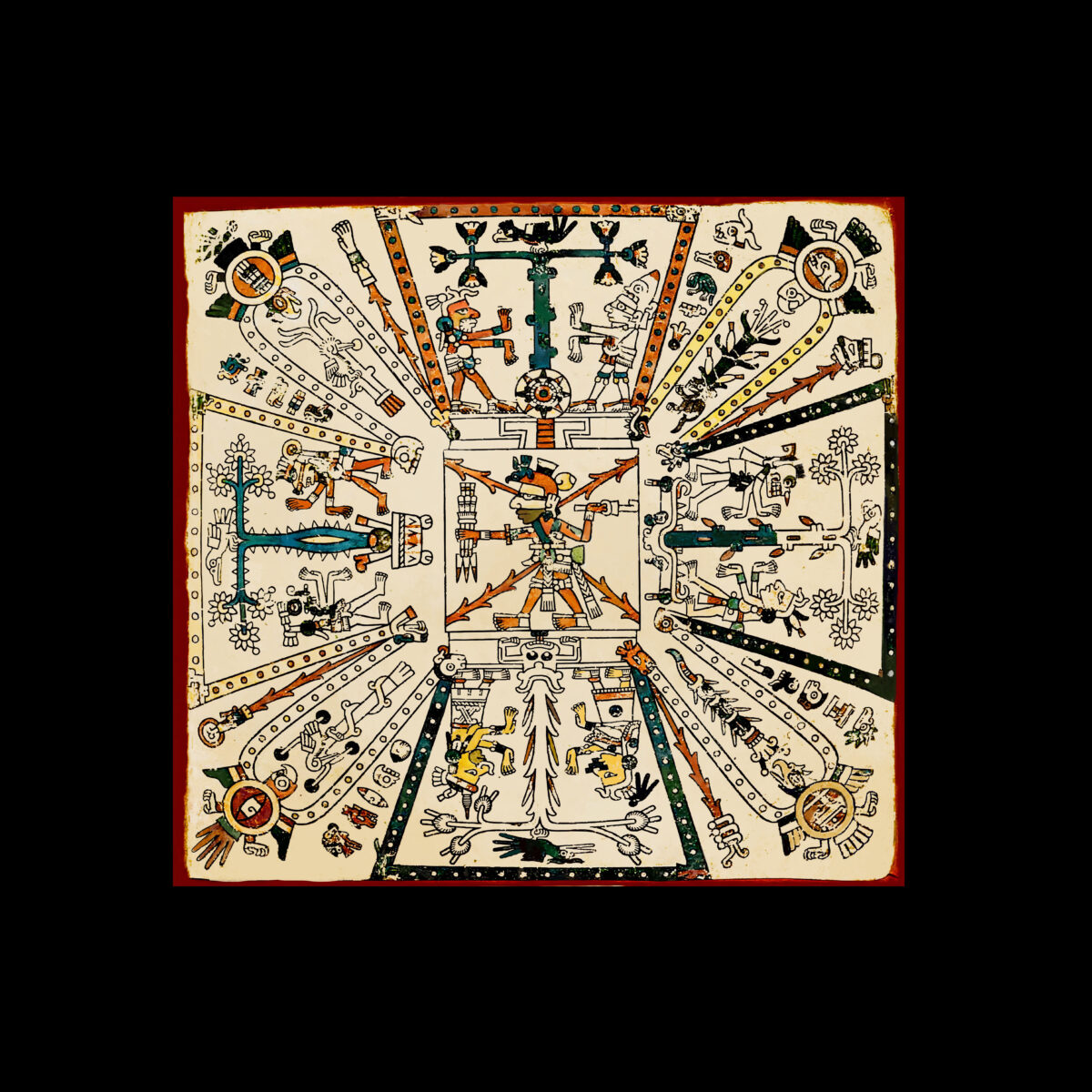 A pre-Columbian drawing depicting birds, trees, people, and elements of time, direction, and color into an emblem of cosmic order.