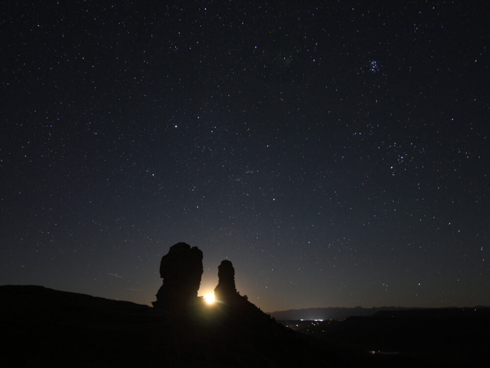 Moonrise between Chimney Rock and Companion Rock.