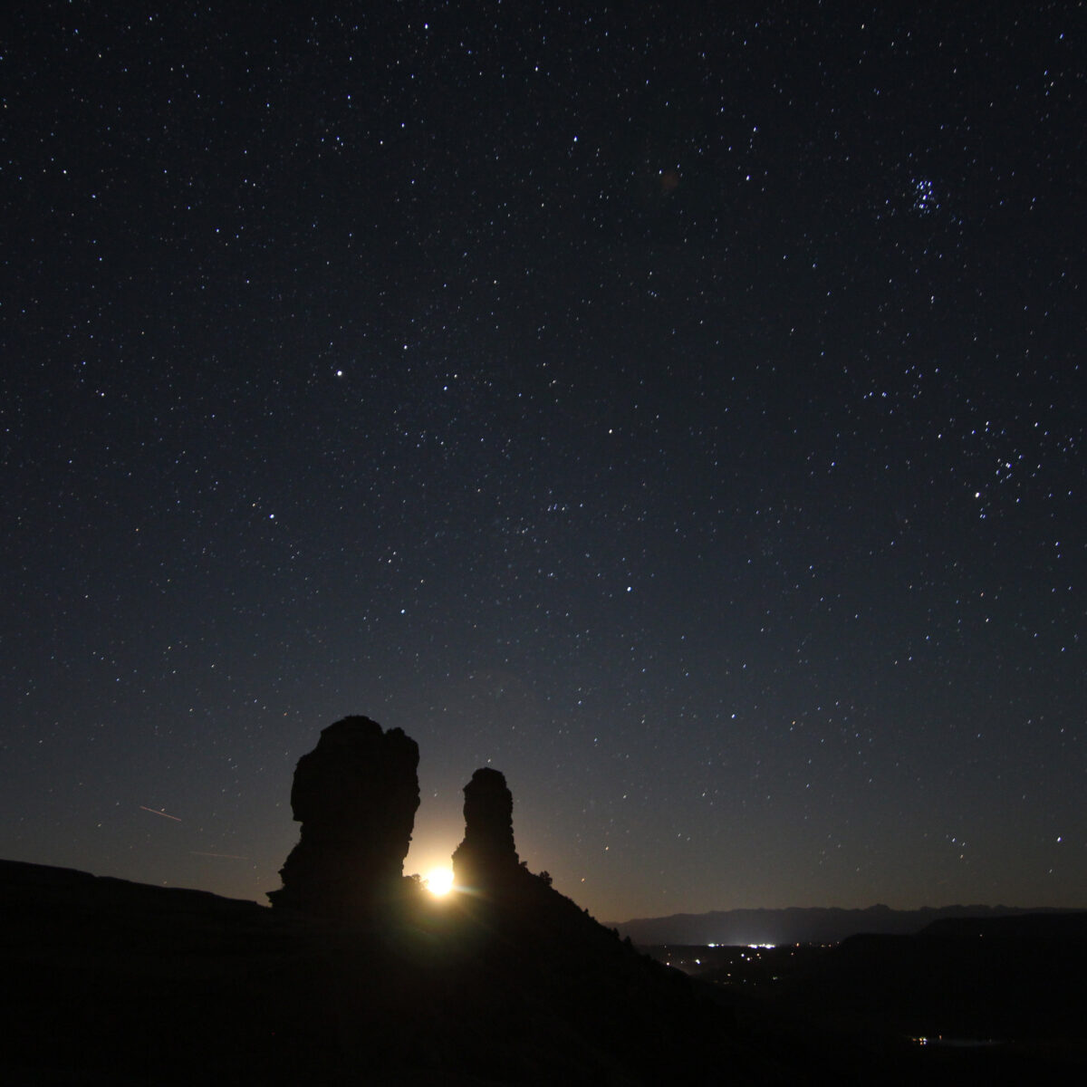 Moonrise between Chimney Rock and Companion Rock.