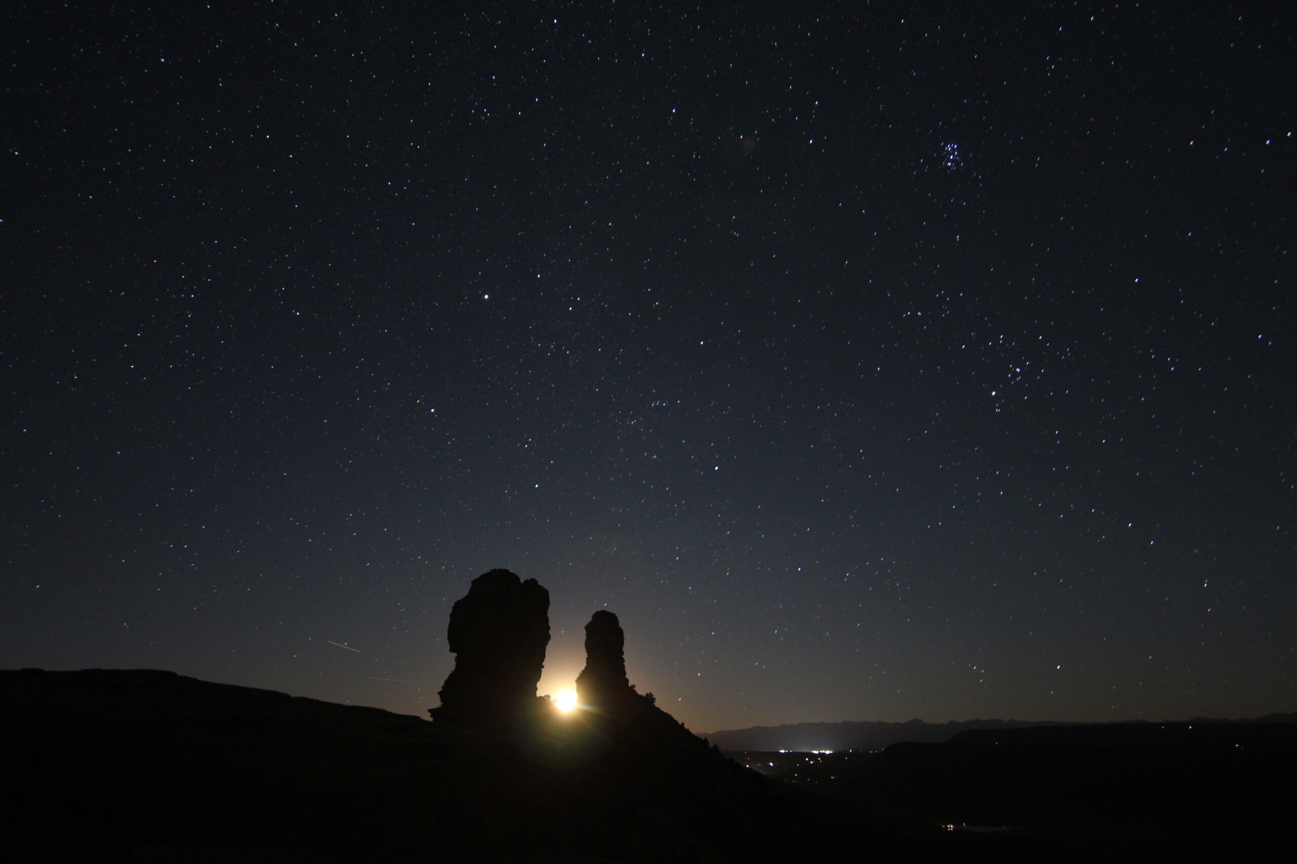 Moonrise between Chimney Rock and Companion Rock.