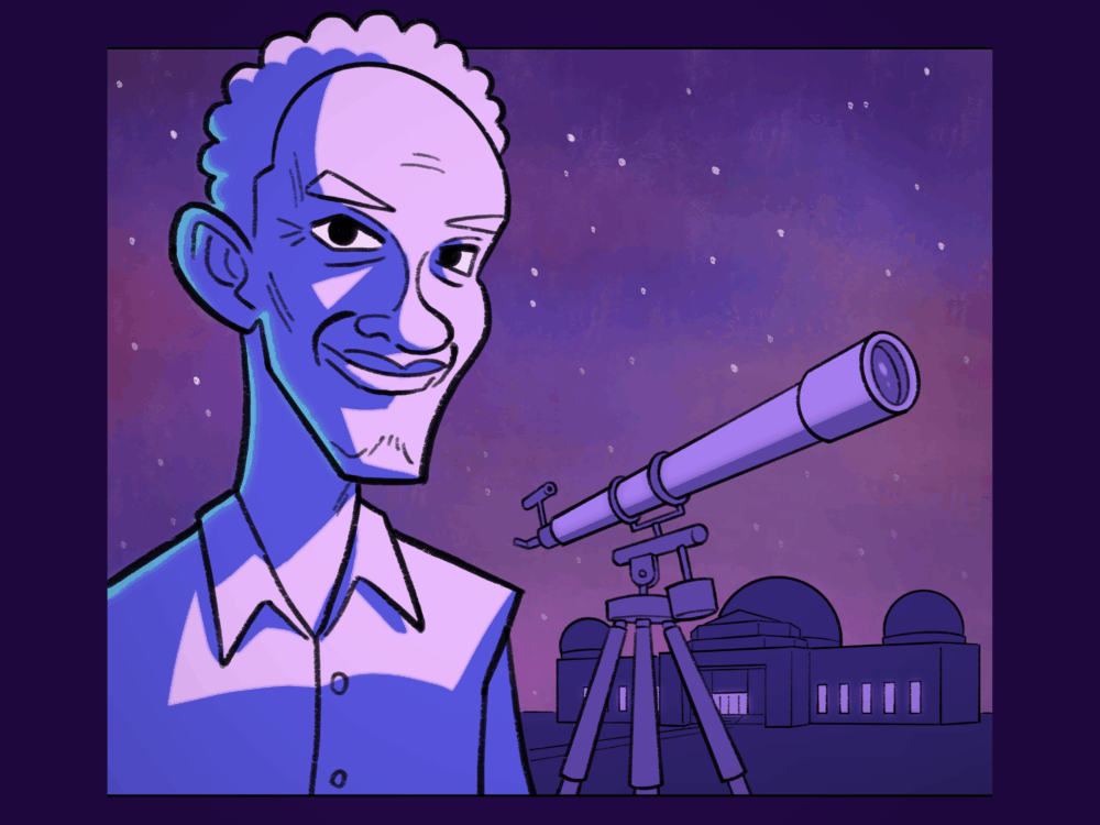 Cartoon drawing of Tim Russ and a telescope in front of the Observatory