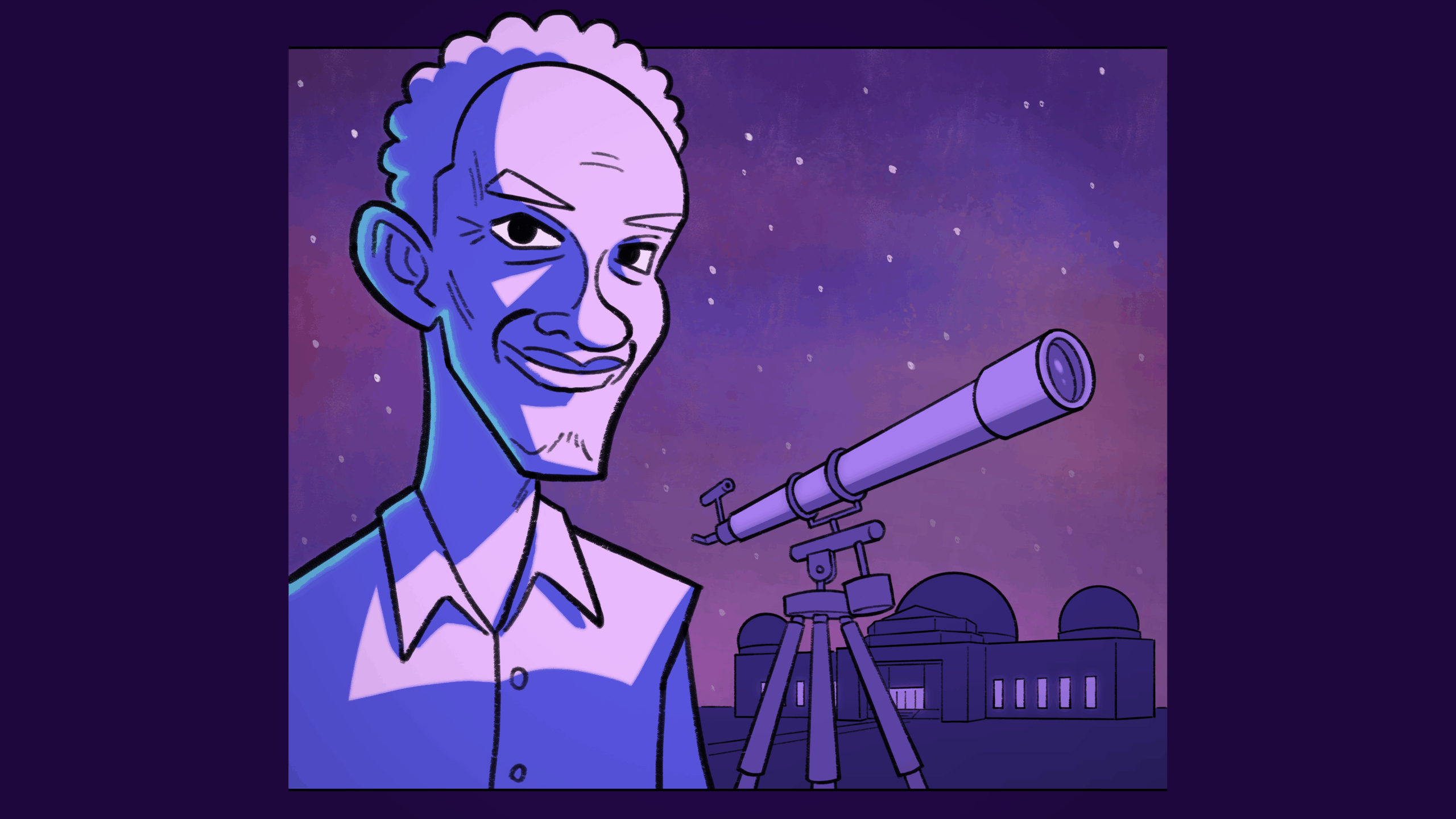 Cartoon drawing of Tim Russ and a telescope in front of the Observatory