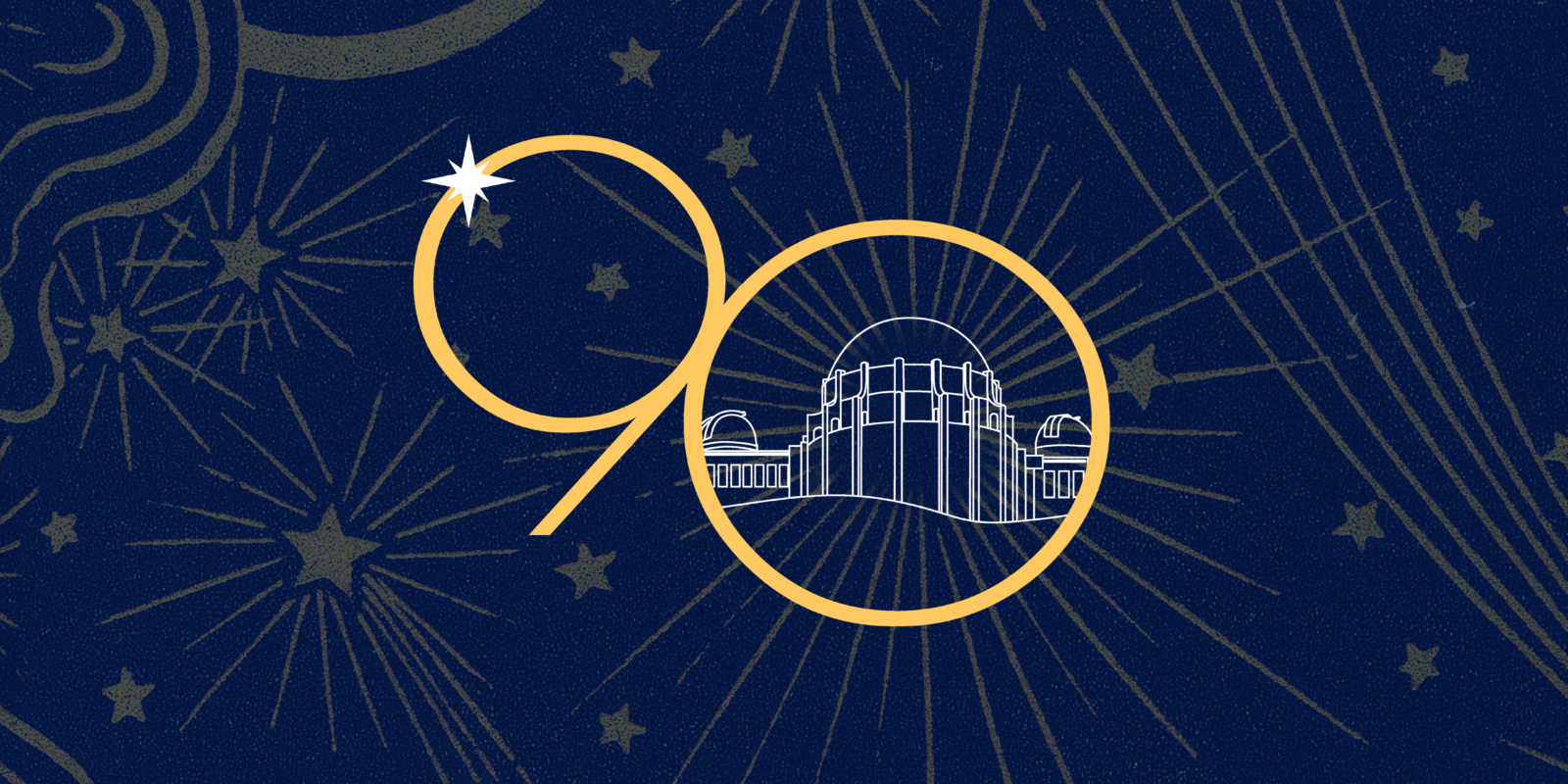 Griffith Observatory's 90th anniversary logo with a drawing of the Observatory in the zero.