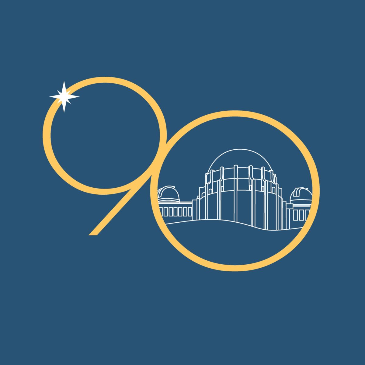 Griffith Observatory's 90th anniversary logo with a drawing of the Observatory in the zero.