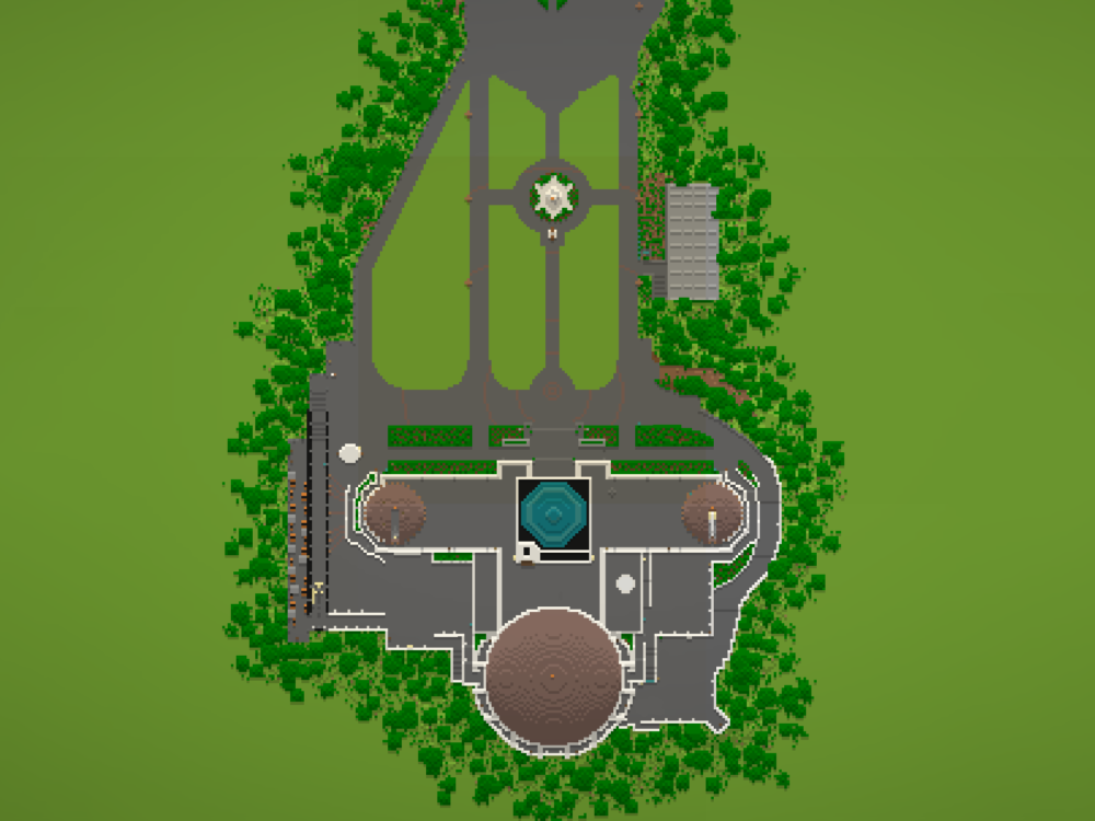 Griffith Observatory and the surrounding grounds in Minecraft's blocky style.