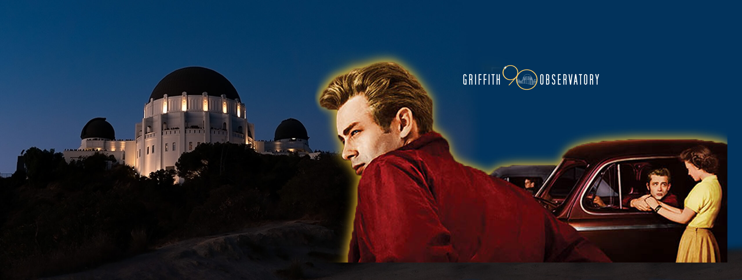 Cutout of James Dean and Natalie Wood from Rebel without a Cause set against the Observatory in the background.