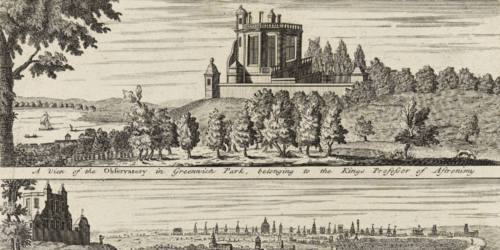 Text: A view of the Observatory in Greenwich Park, belonging to the Kings Professor of Astronomy.