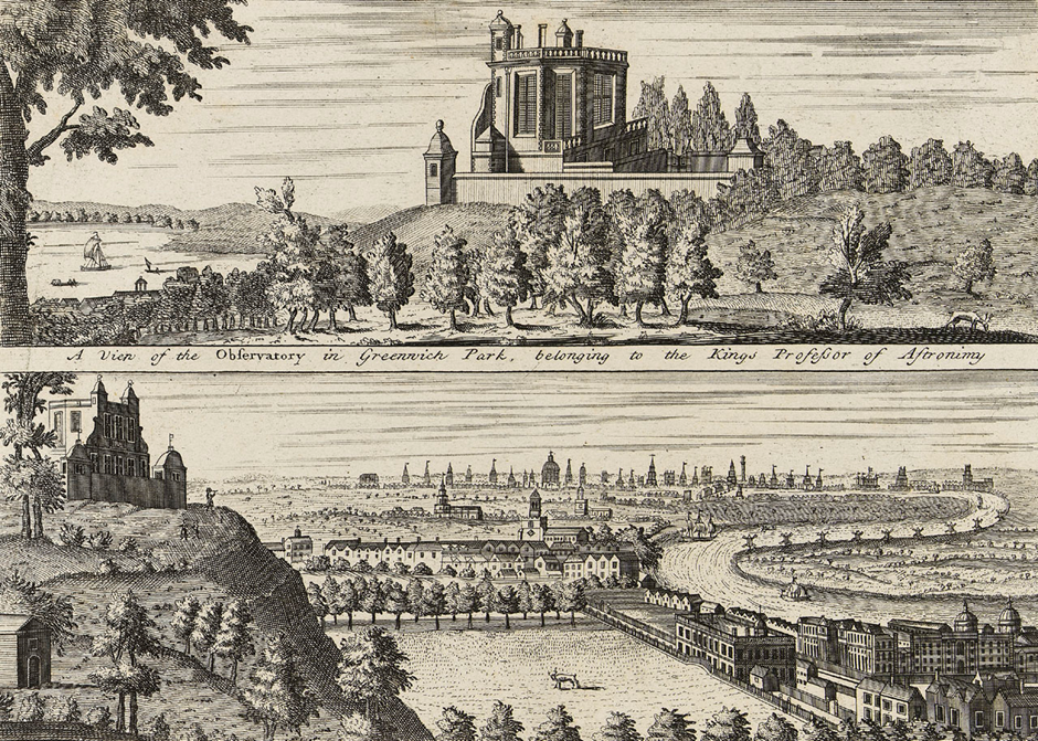 Text: A view of the Observatory in Greenwich Park, belonging to the Kings Professor of Astronomy.