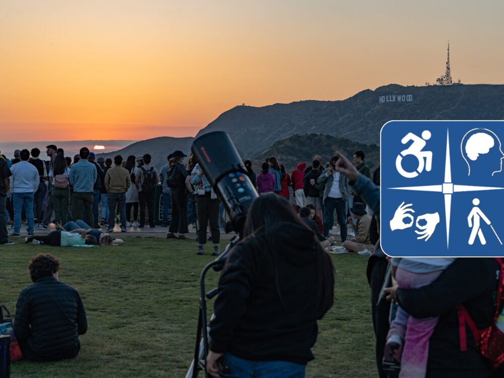 People watching the sunset on the Observatory lawn. The logo for Committee for Accessibility Rights and Equity (CARE) is overlayed.