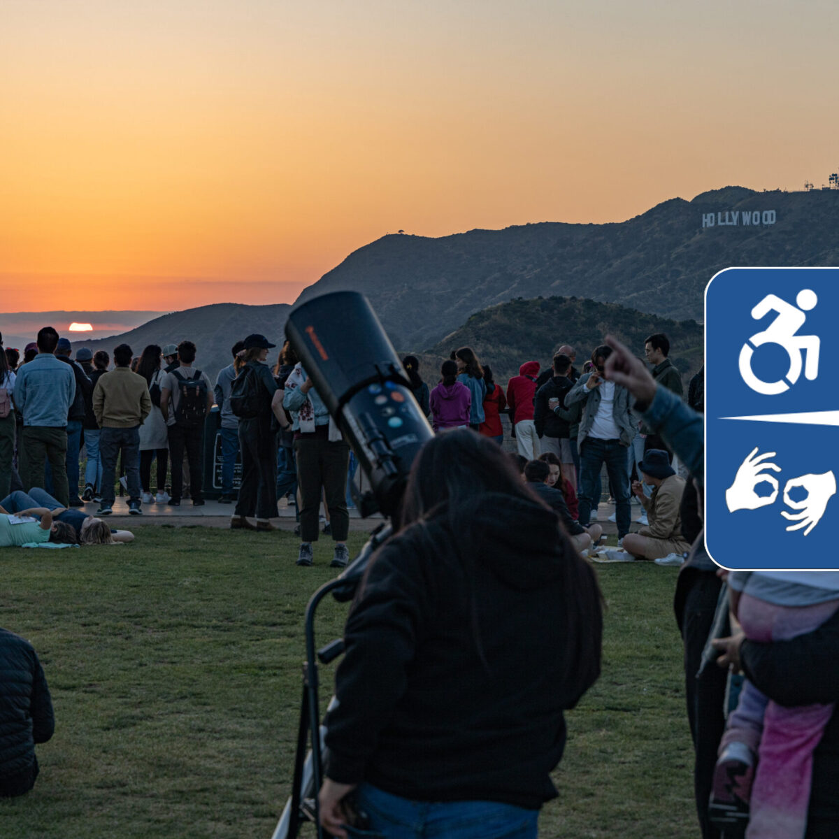 People watching the sunset on the Observatory lawn. The logo for Committee for Accessibility Rights and Equity (CARE) is overlayed.