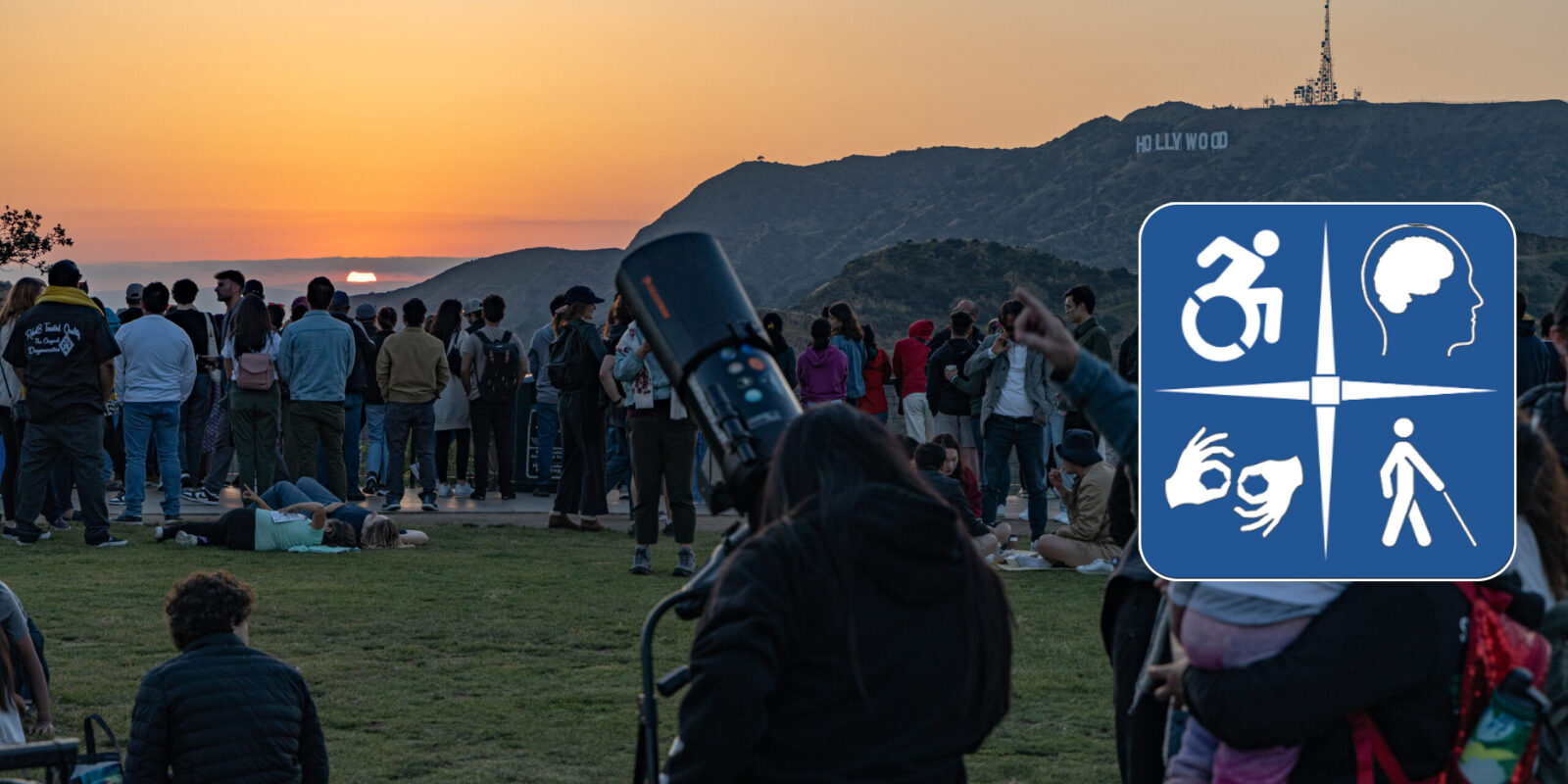 People watching the sunset on the Observatory lawn. The logo for Committee for Accessibility Rights and Equity (CARE) is overlayed.