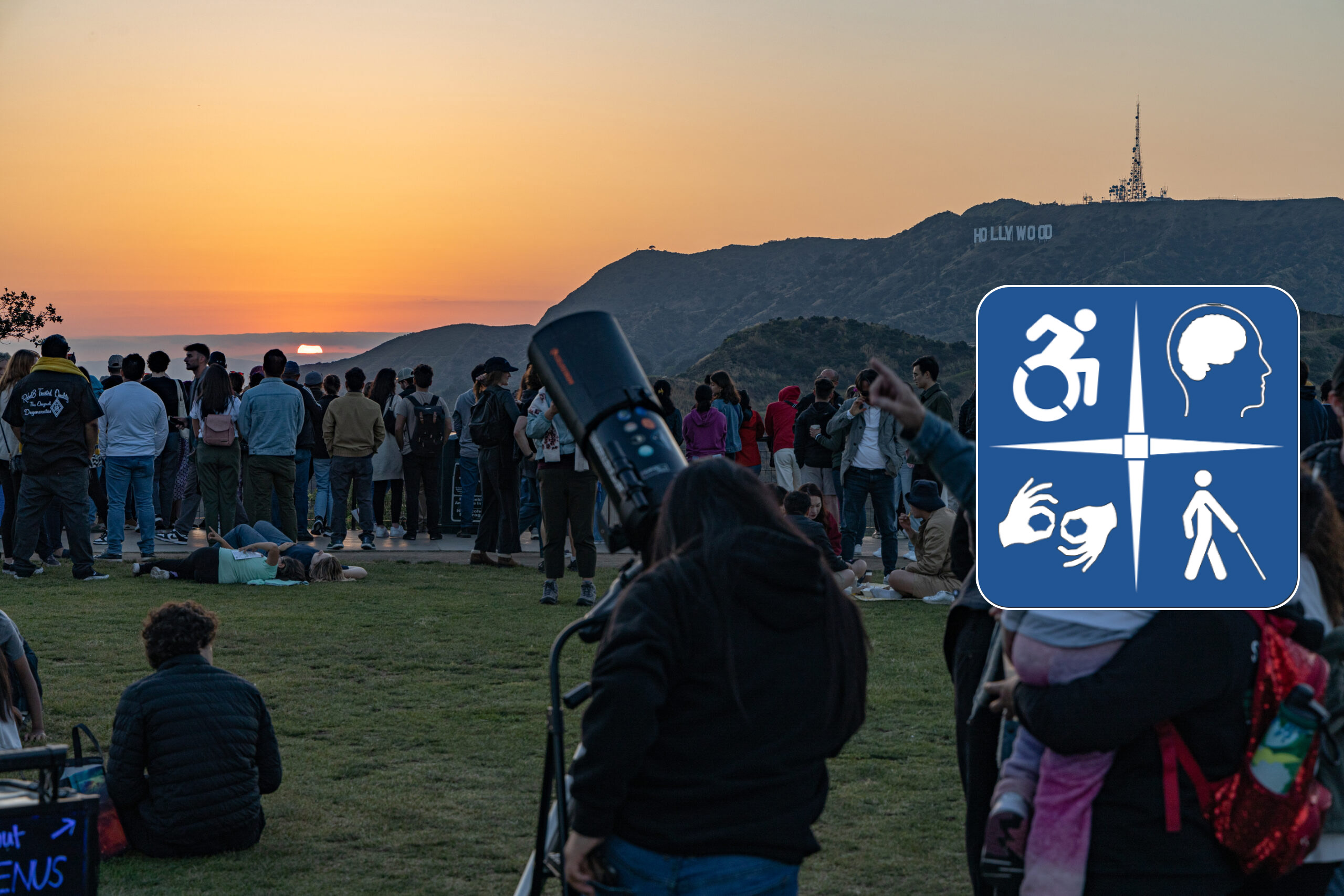 People watching the sunset on the Observatory lawn. The logo for Committee for Accessibility Rights and Equity (CARE) is overlayed.