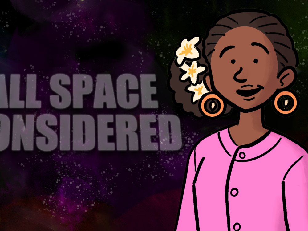 A digital illustration of Jameeka Marshall smiling, with shell earrings and flowers in her hair, with words 