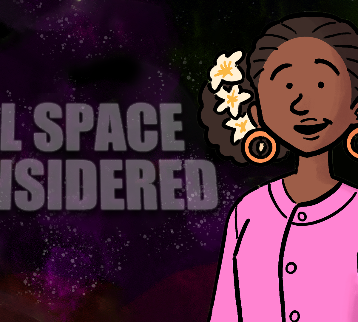 A digital illustration of Jameeka Marshall smiling, with shell earrings and flowers in her hair, with words 