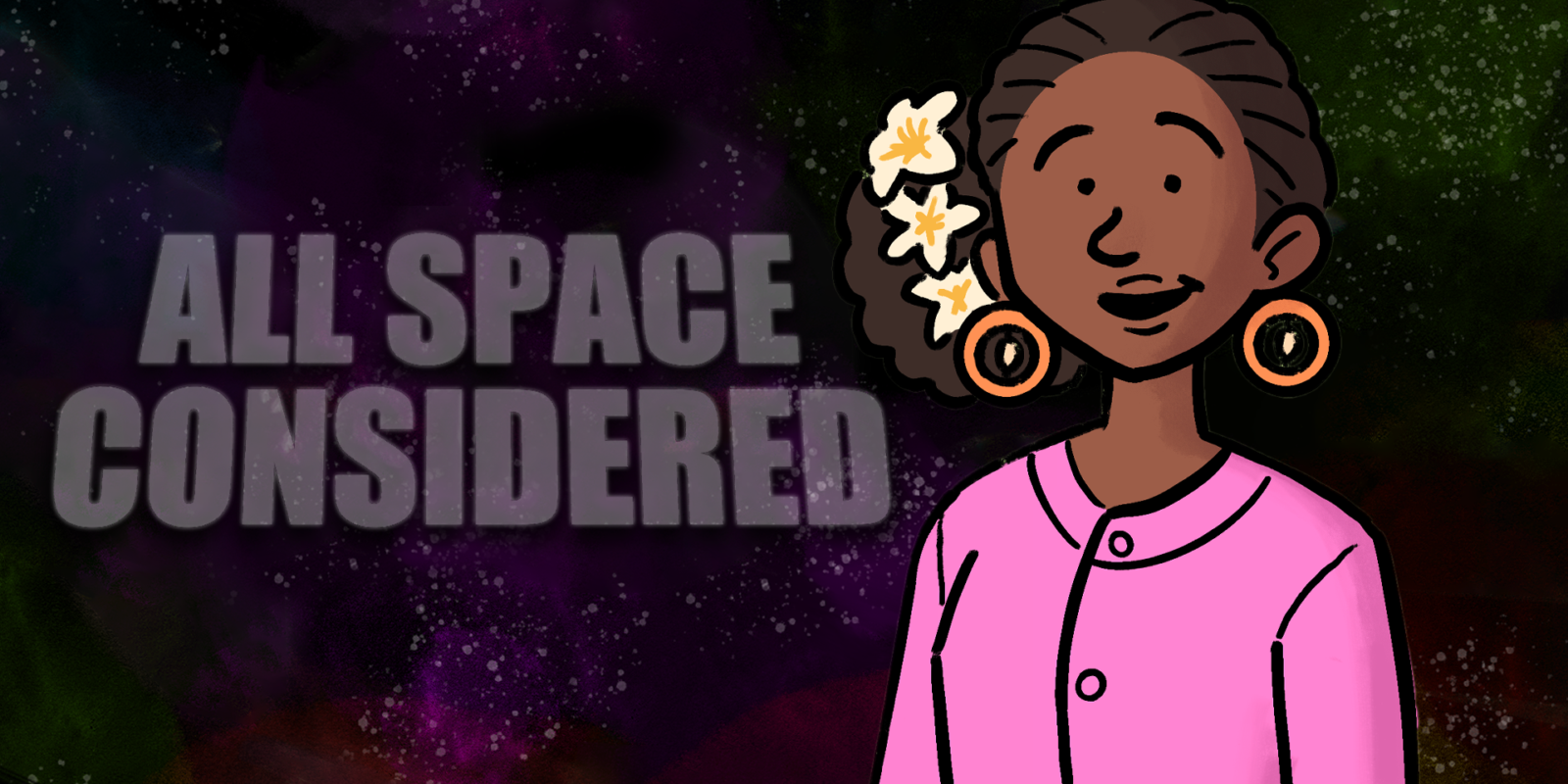 A digital illustration of Jameeka Marshall smiling, with shell earrings and flowers in her hair, with words 