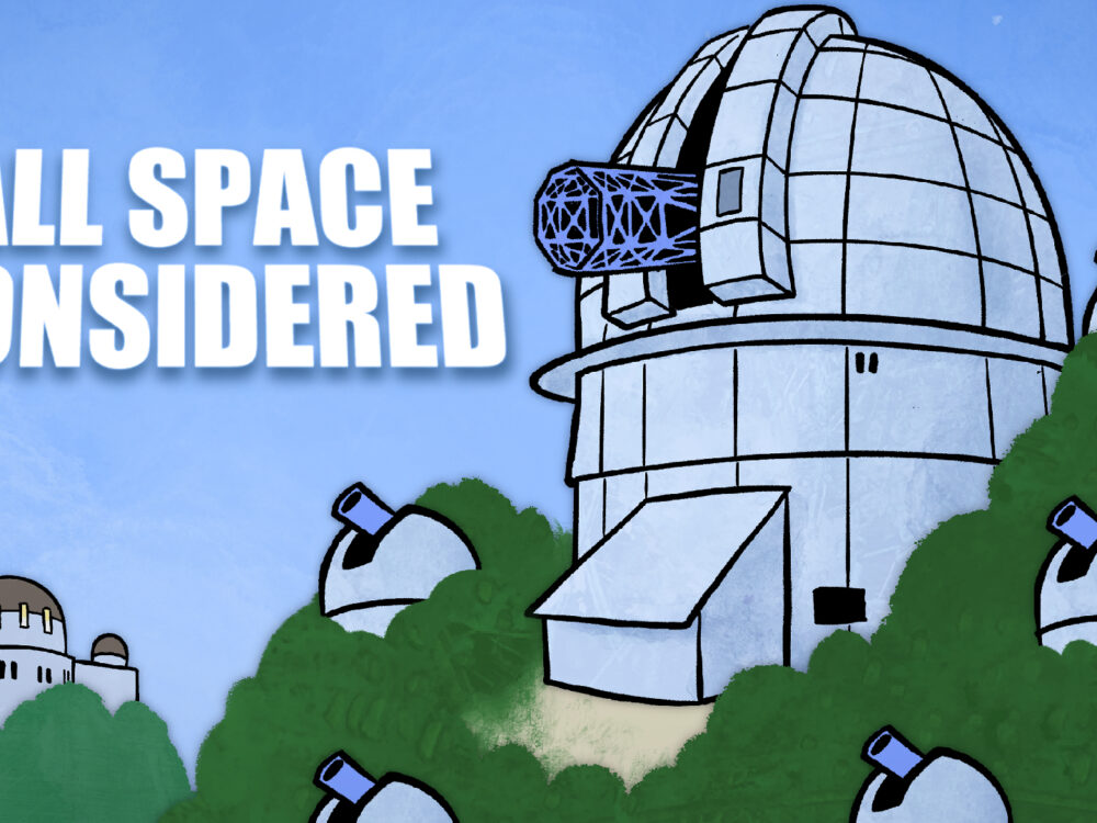 Cartoony illustration of the domes at Mt. Wilson, with Griffith Observatory on a mountain in the background.