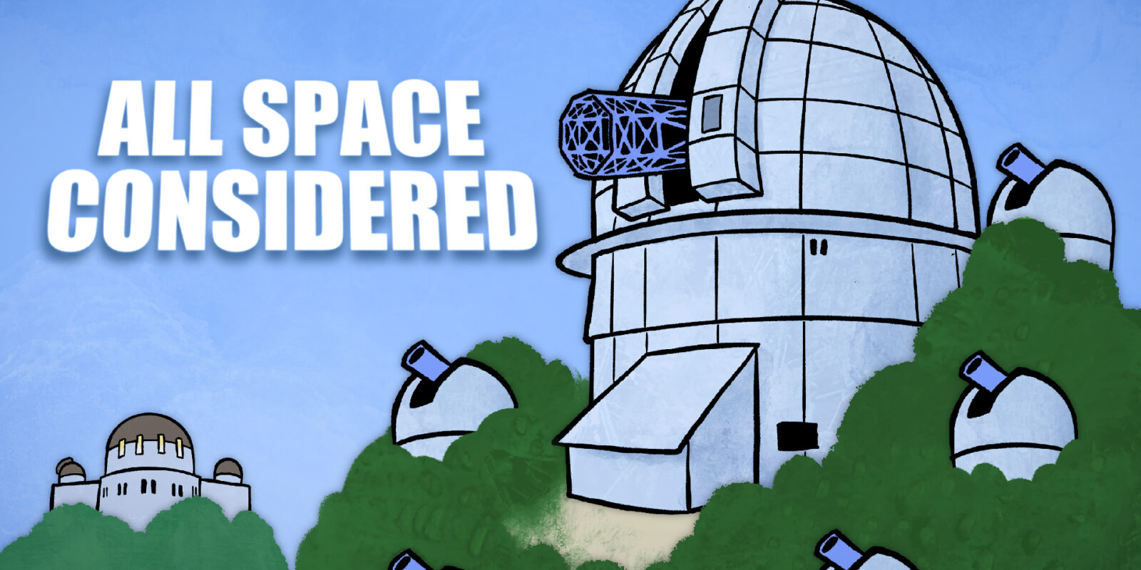 Cartoony illustration of the domes at Mt. Wilson, with Griffith Observatory on a mountain in the background.