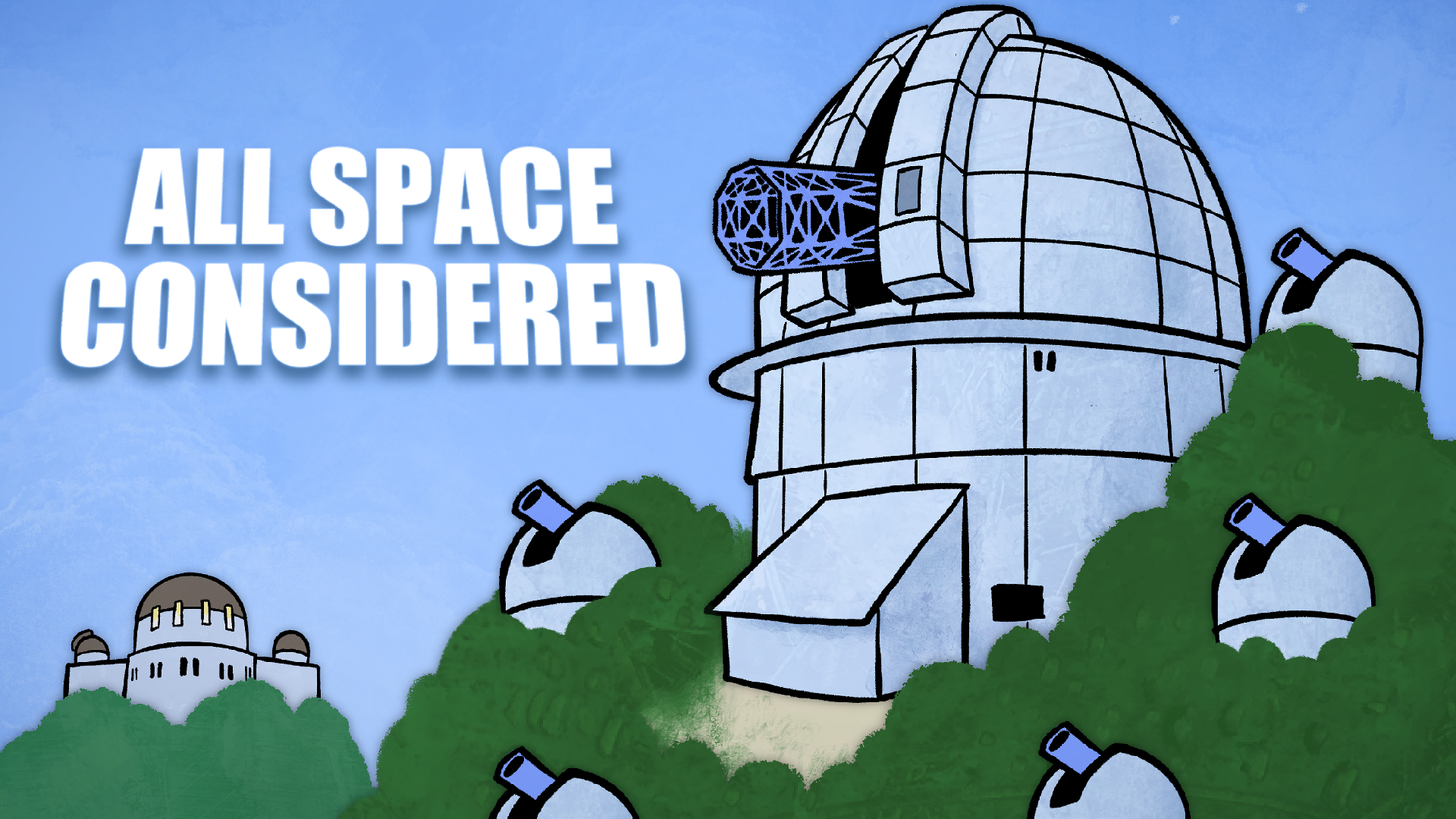 Cartoony illustration of the domes at Mt. Wilson, with Griffith Observatory on a mountain in the background.