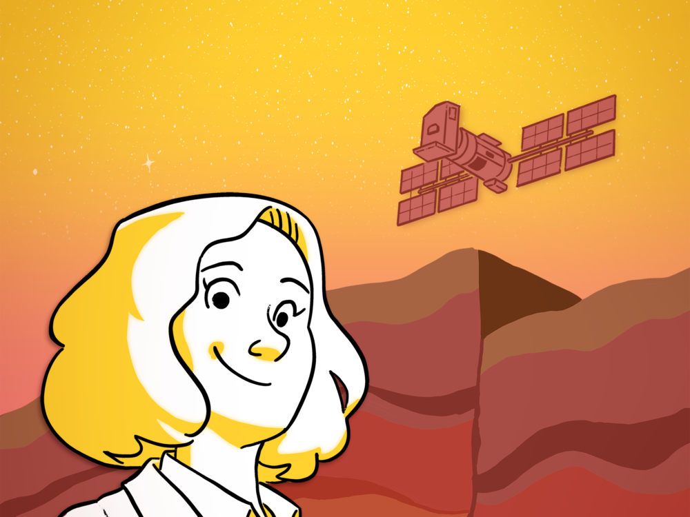 A colorful caricature of guest Dr. Solène Antoine smiling triumphantly. In the background, an Earth Observing Satellite looms over an earthquake-struck canyon.