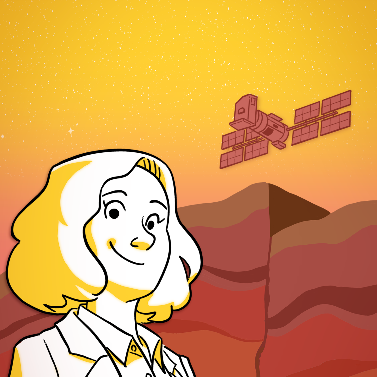 A colorful caricature of guest Dr. Solène Antoine smiling triumphantly. In the background, an Earth Observing Satellite looms over an earthquake-struck canyon.