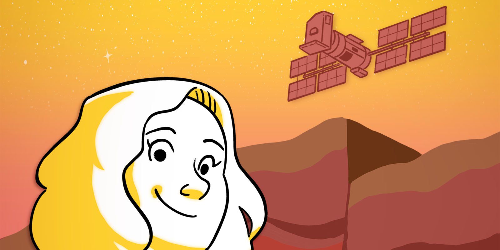 A colorful caricature of guest Dr. Solène Antoine smiling triumphantly. In the background, an Earth Observing Satellite looms over an earthquake-struck canyon.