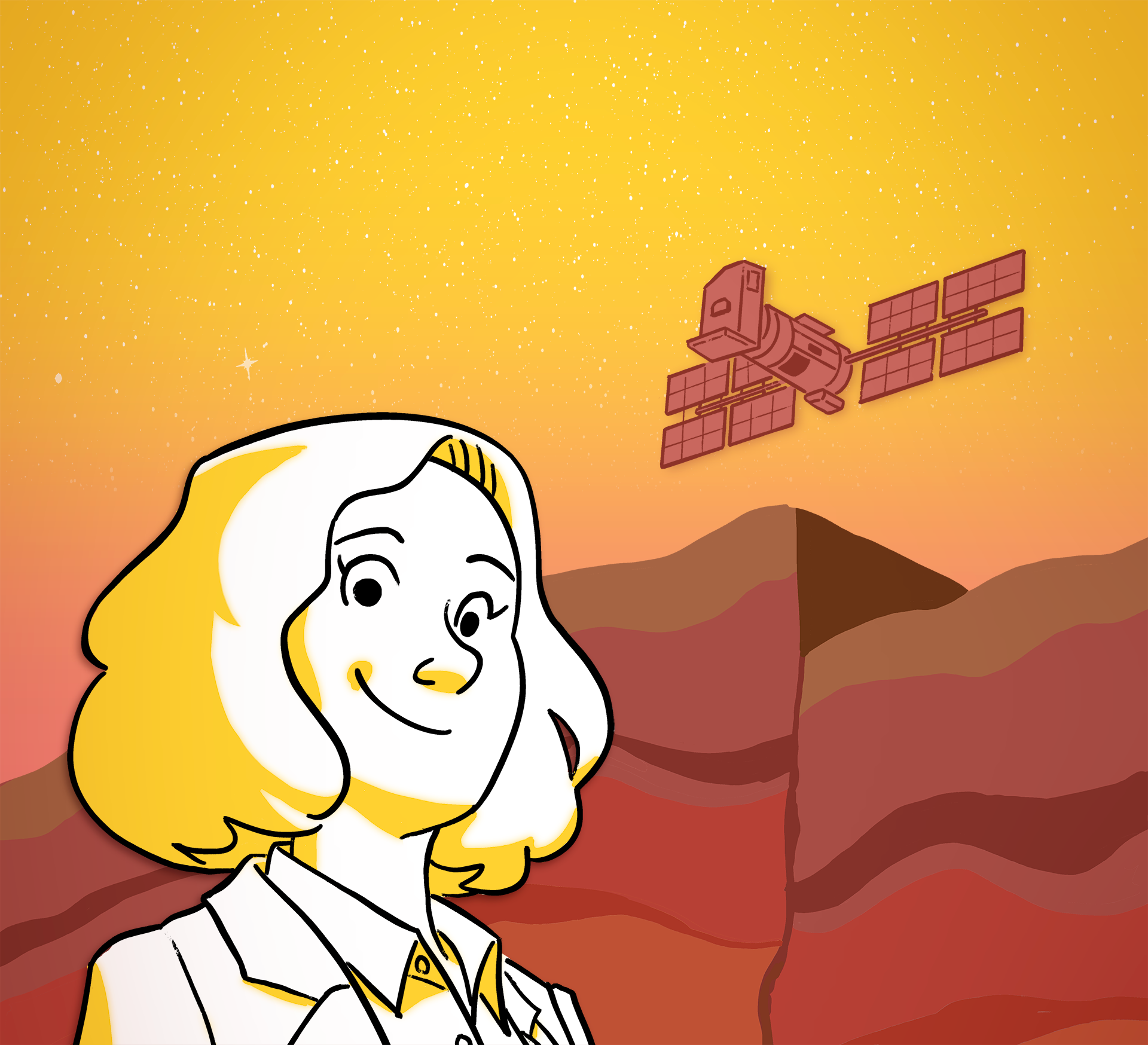A colorful caricature of guest Dr. Solène Antoine smiling triumphantly. In the background, an Earth Observing Satellite looms over an earthquake-struck canyon.