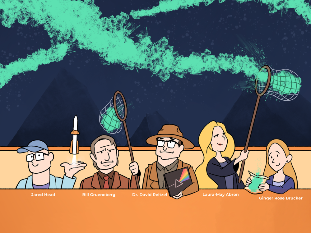 A digital illustration of five members of the All Space Considered team under aurorae.