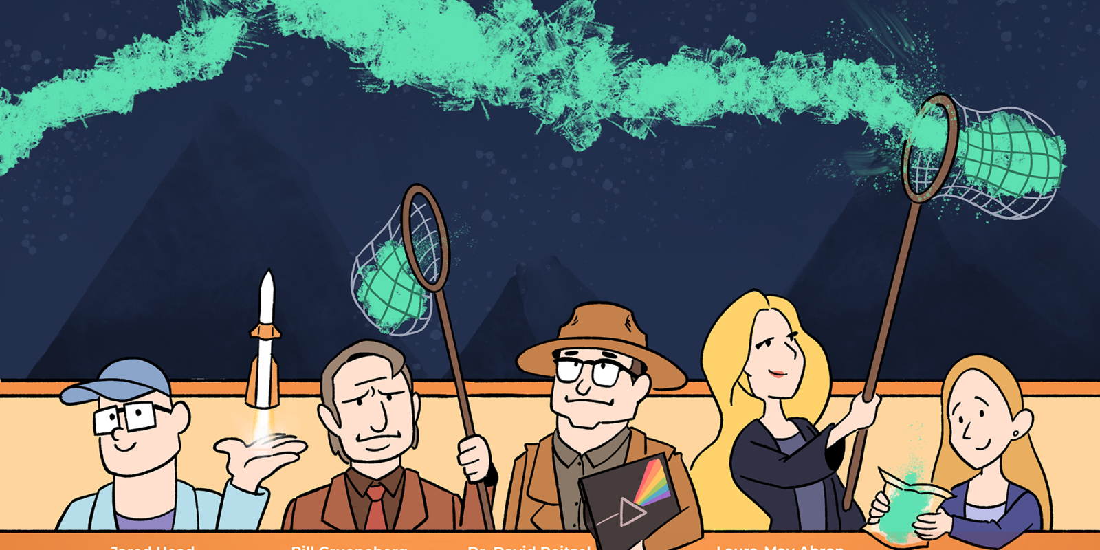 A digital illustration of five members of the All Space Considered team under aurorae.
