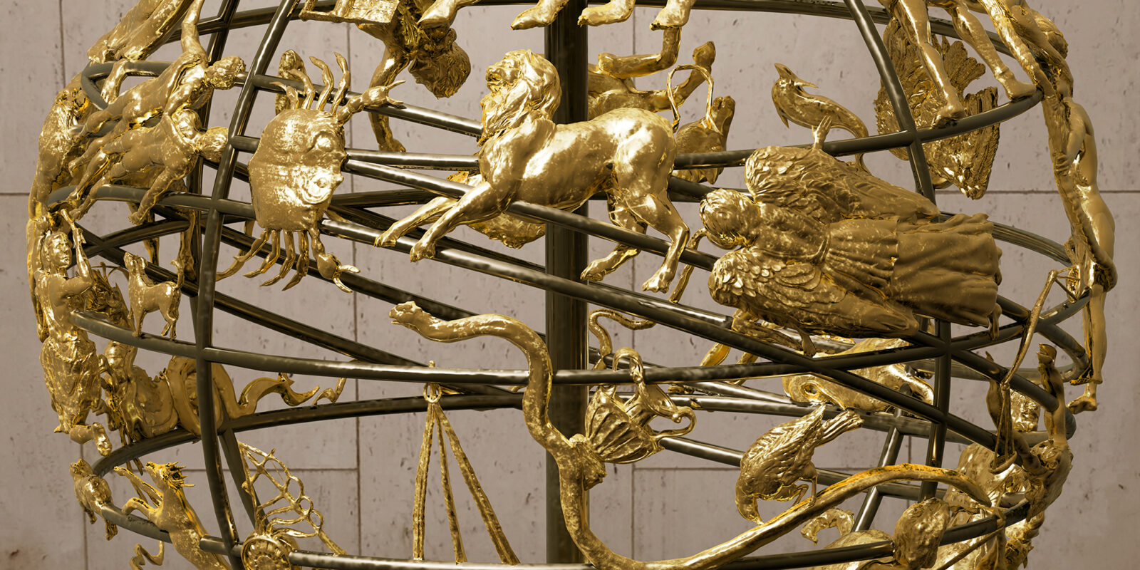 Closeup of the zodiac on the celestial globe.