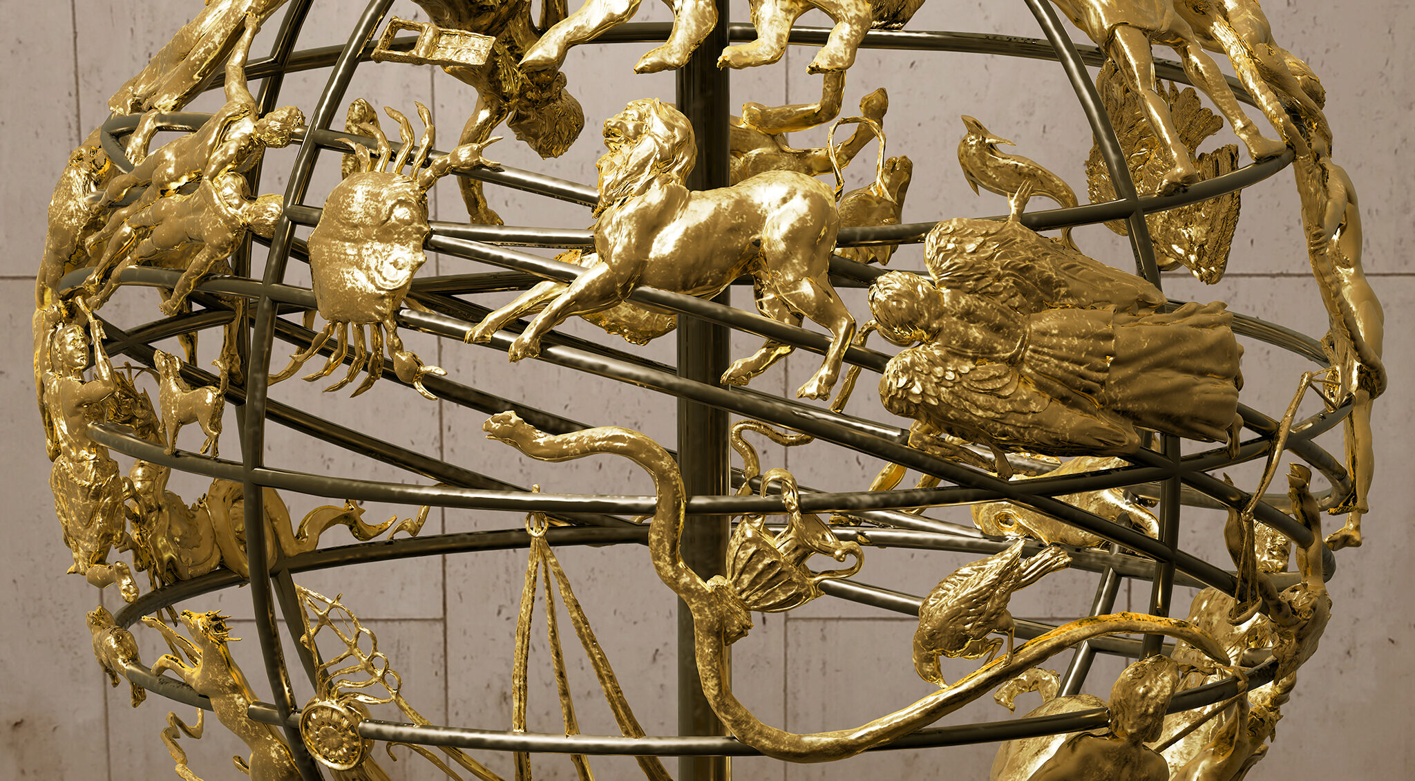 Closeup of the zodiac on the celestial globe.