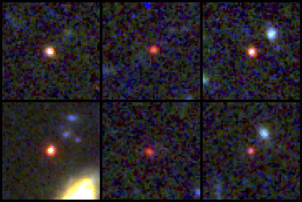 Six little red dots in pixellated darkness.