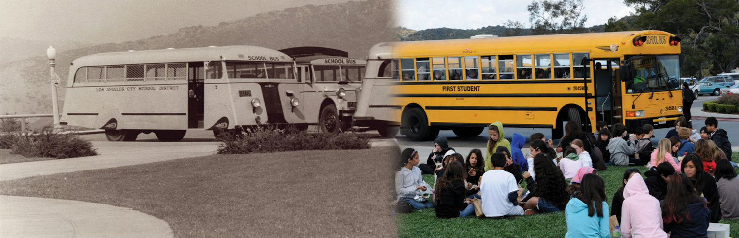 A black and white photograph of old school buses morphing into a contemporary color image of a school bus filled with children.
