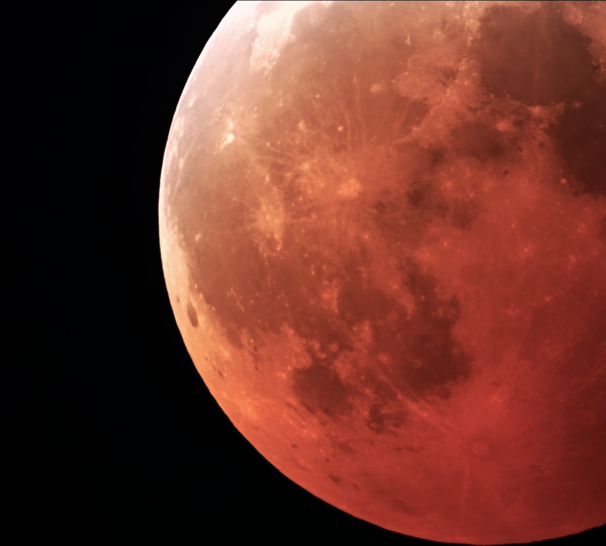 A mid-shot of the Moon at total eclipse, while it is at its reddest.