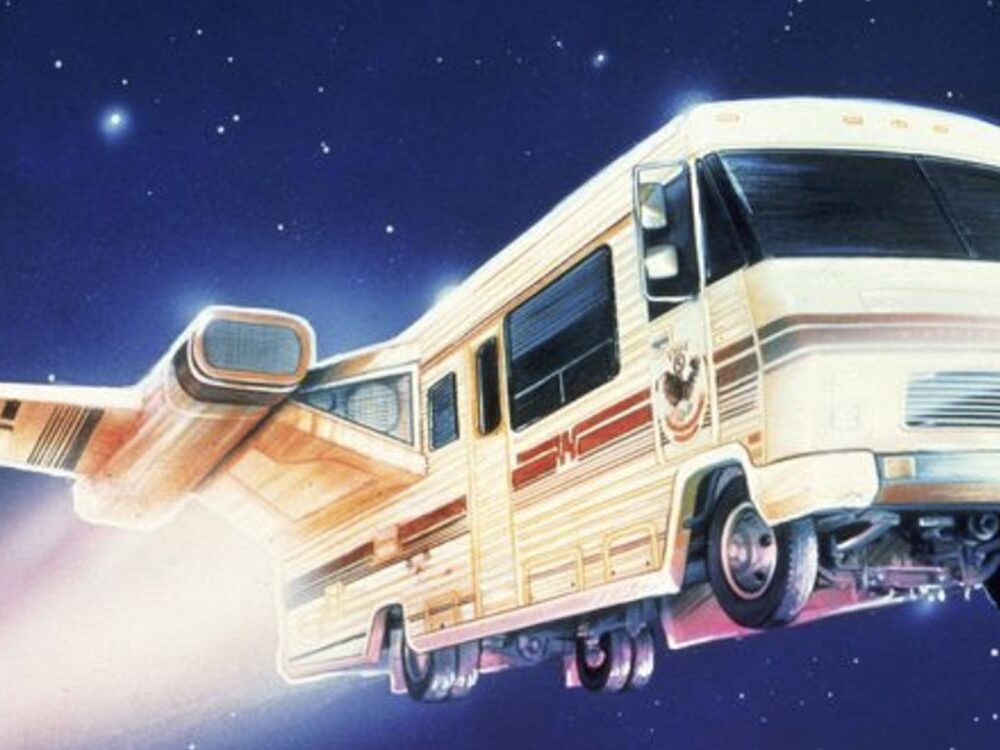 A sci-fi RV with jet wings blasts through space.